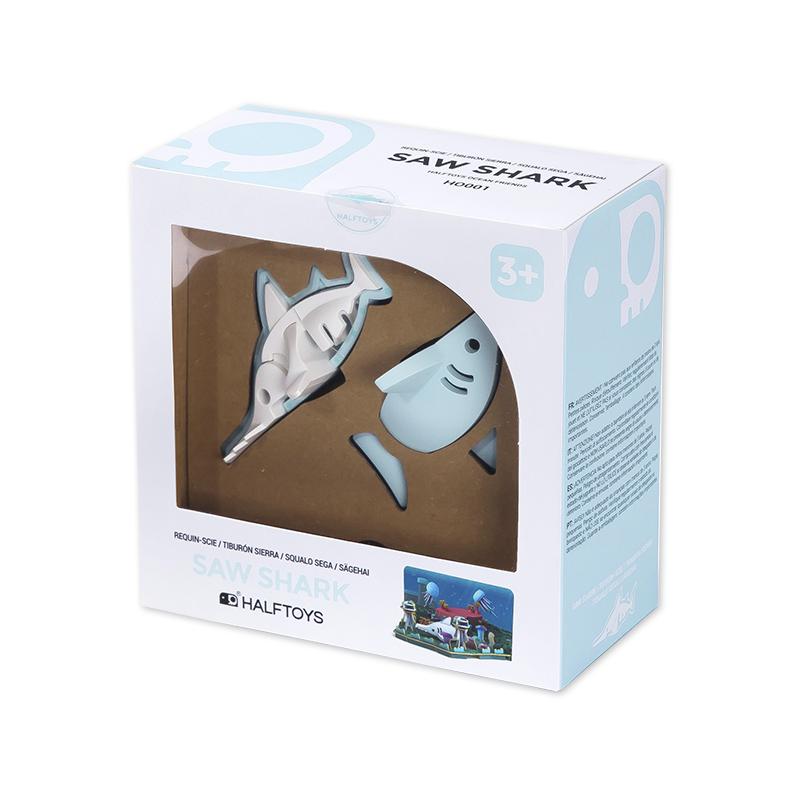 Image of the packaging for the Saw Shark and Sea Floor Scene figurine toy. Part of the front is made from clear plastic so you can see the figurine inside.