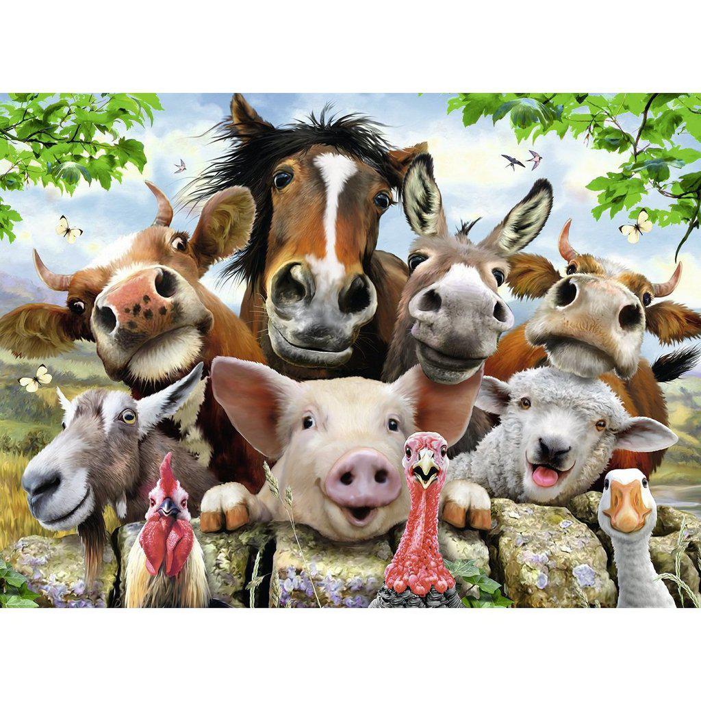 Image of the finished puzzle. It is a realistic picture of many different farm animals such as cows, pigs, and goats all lining up and smiling for a picture.