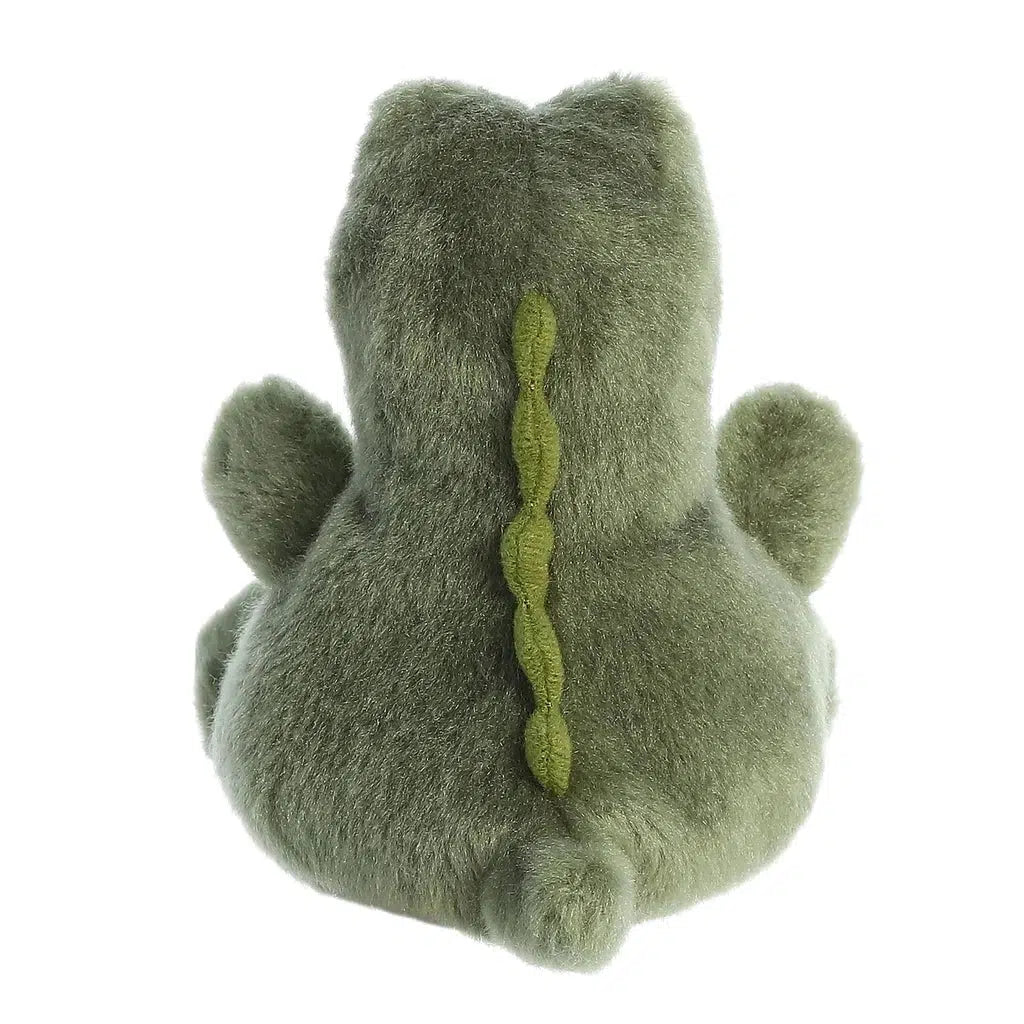 View from the back of the alligator plush. You can see the felt scales more clearly. They are forest green in color.