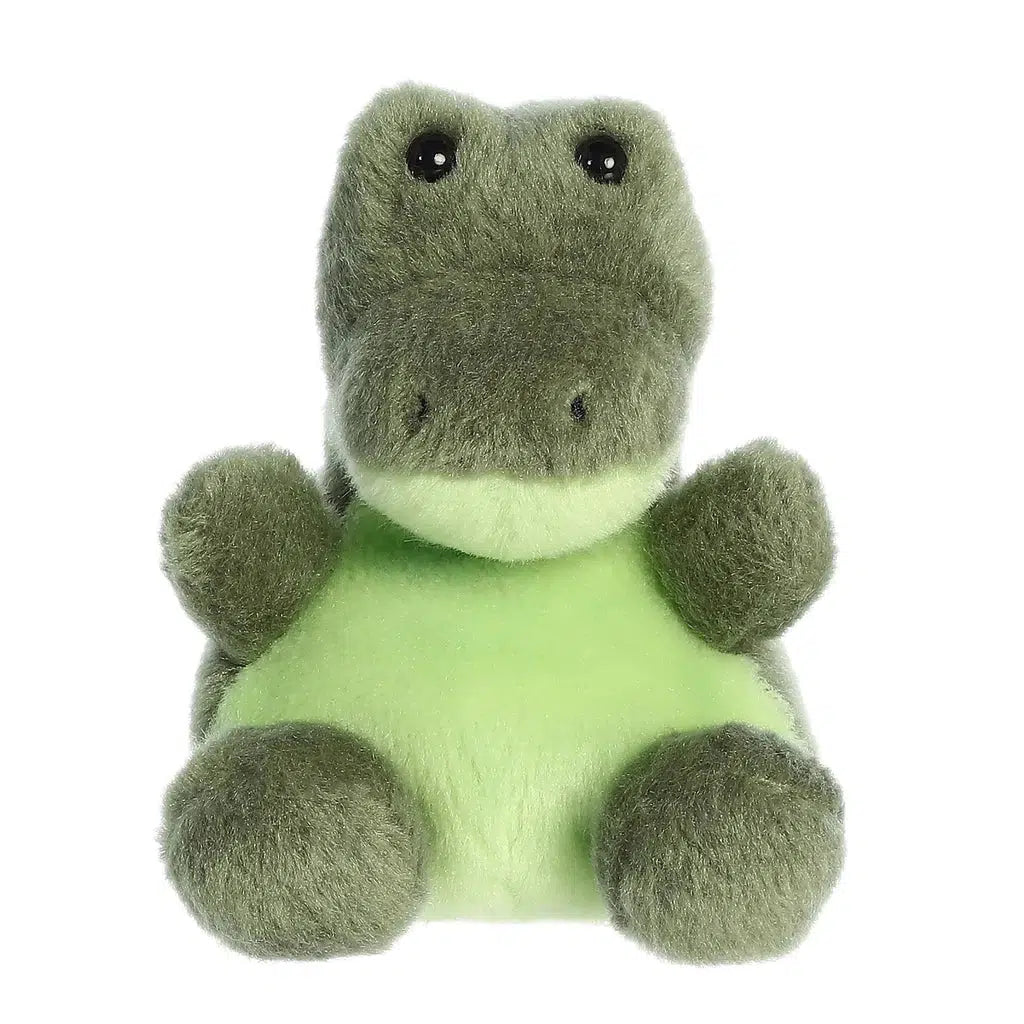 Image of the Scales Alligator plush. It is an army green alligator with a lighter green belly. His arms are pointed out as if he were asking for a hug.