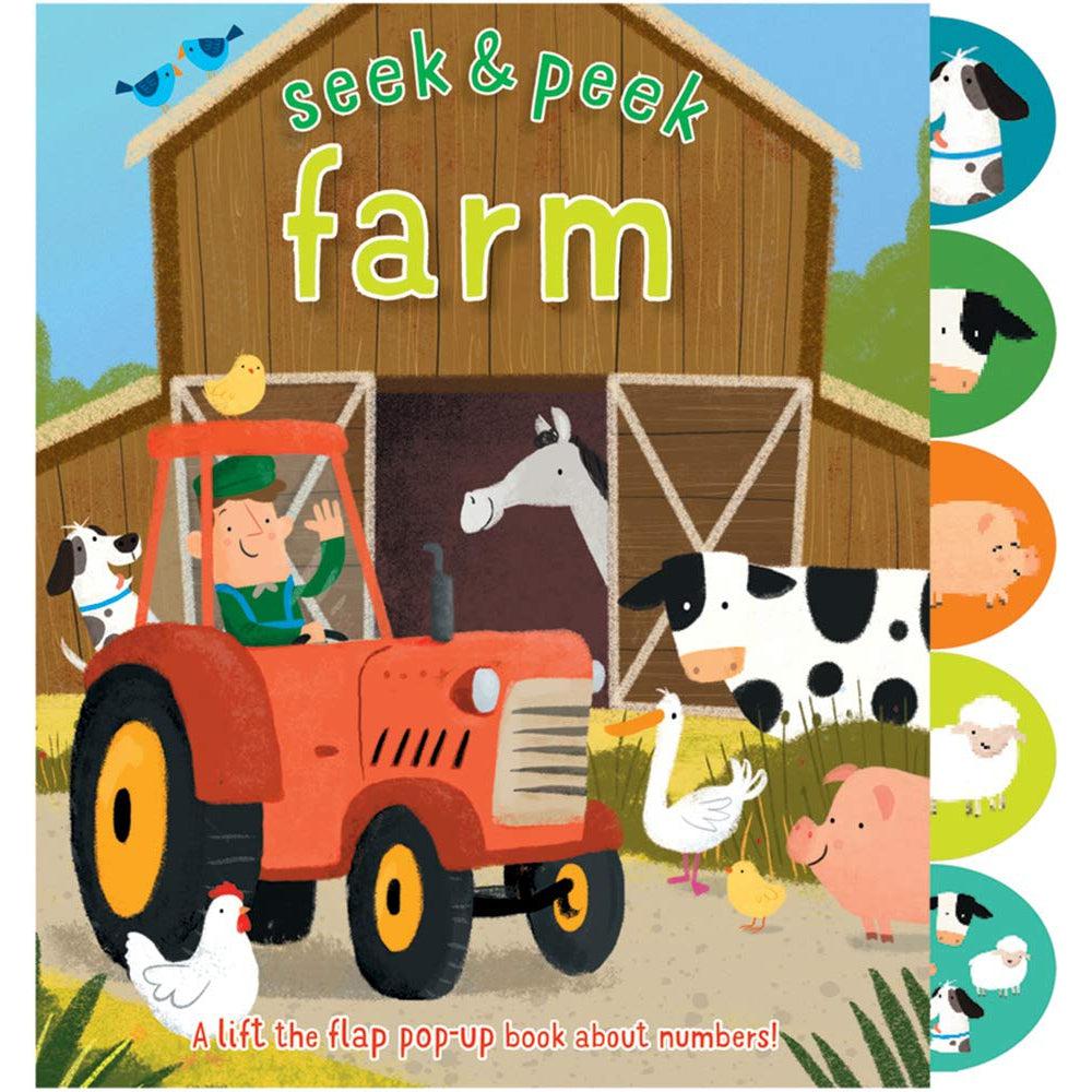 Image of the cover for the book Seek & Peek Farm. On the front is an illustrated picture of a tractor on a farm along with various animals. On the side are tabs with those same animals on them.
