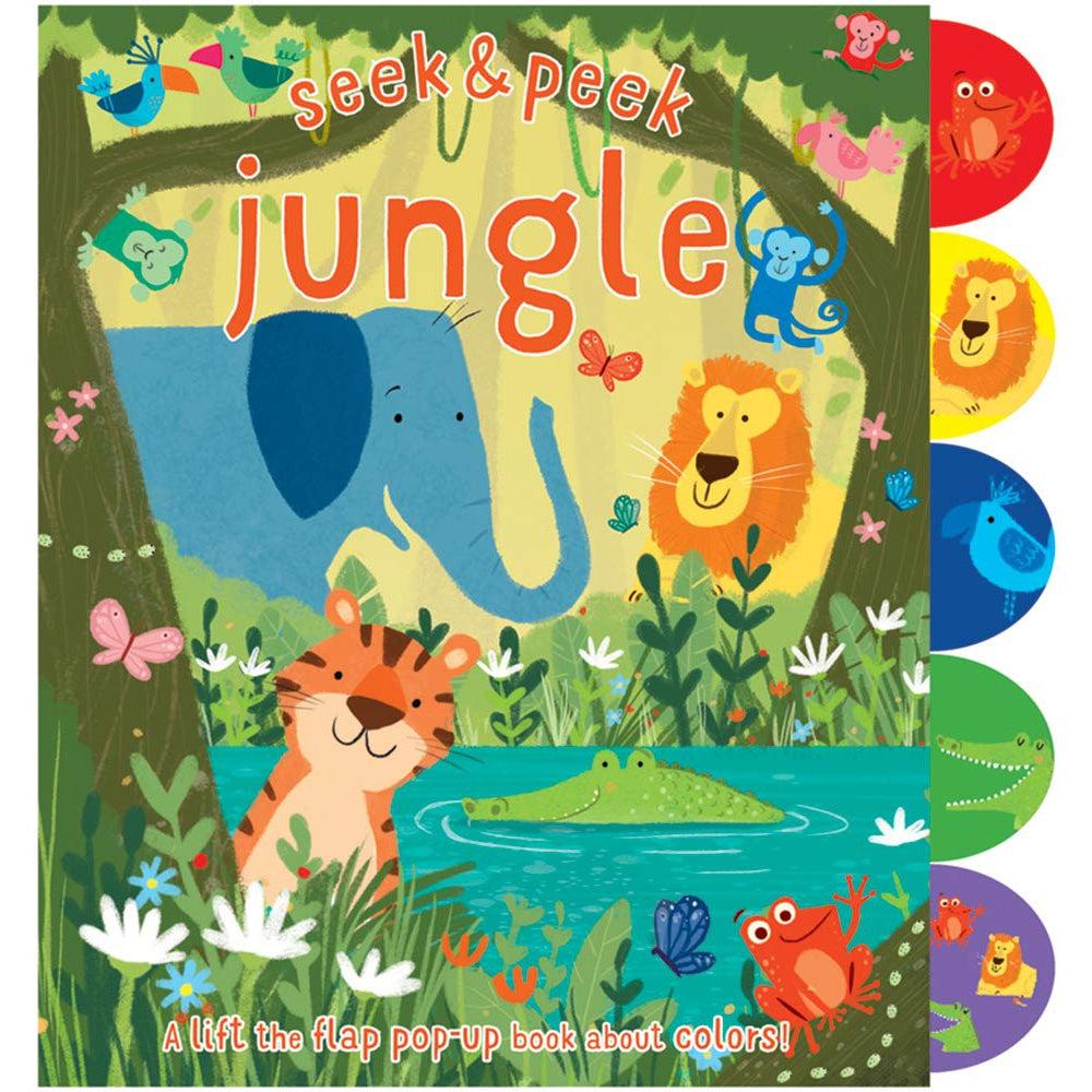 Image of the cover for the book Seek & Peek Jungle. On the cover are various illustrations of different jungle animals in the jungle. On the side are tabs with those same animals on them.