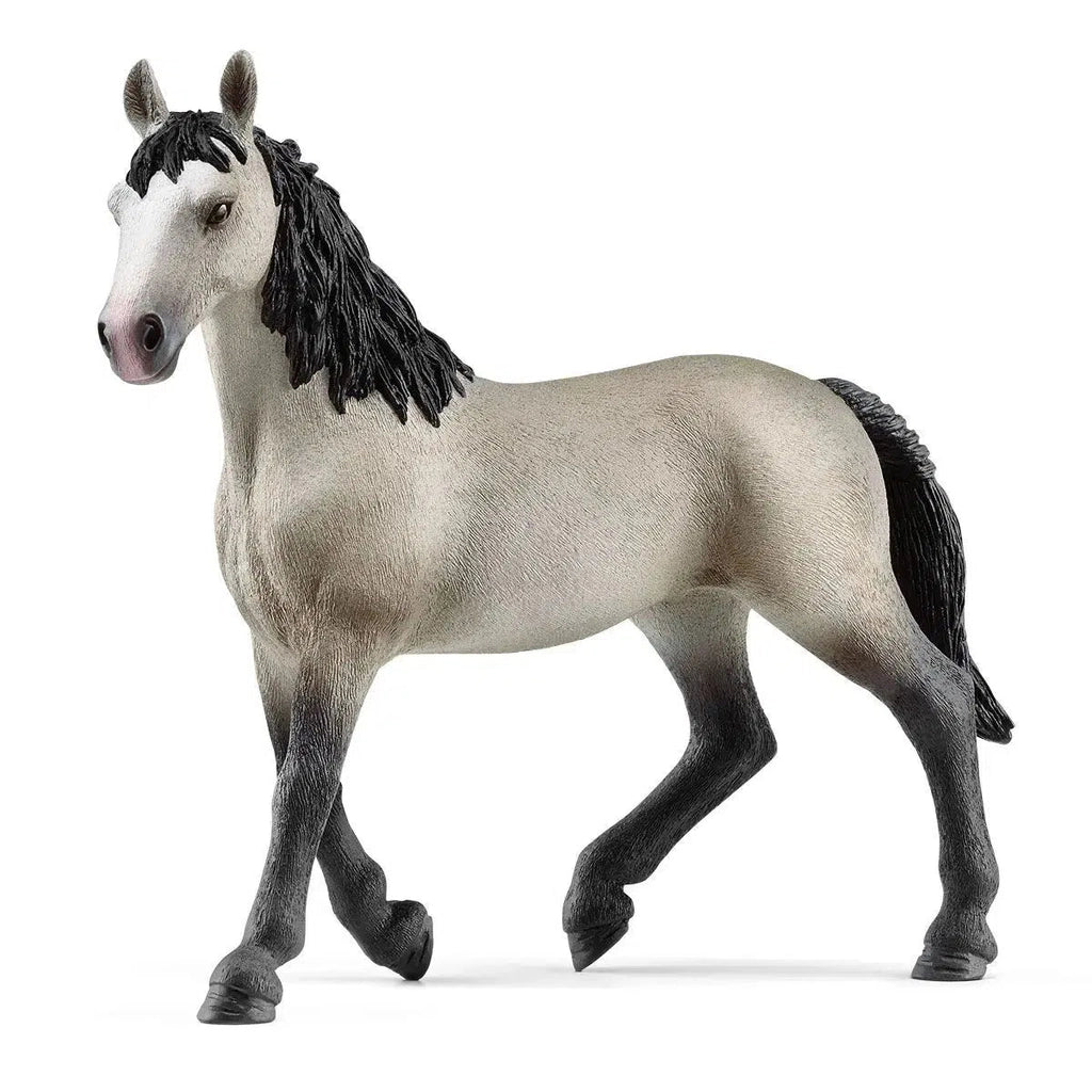 Image of the Selle Français Mare figurine. It is a light grey horse with dark black mane and tail. It also has black legs.