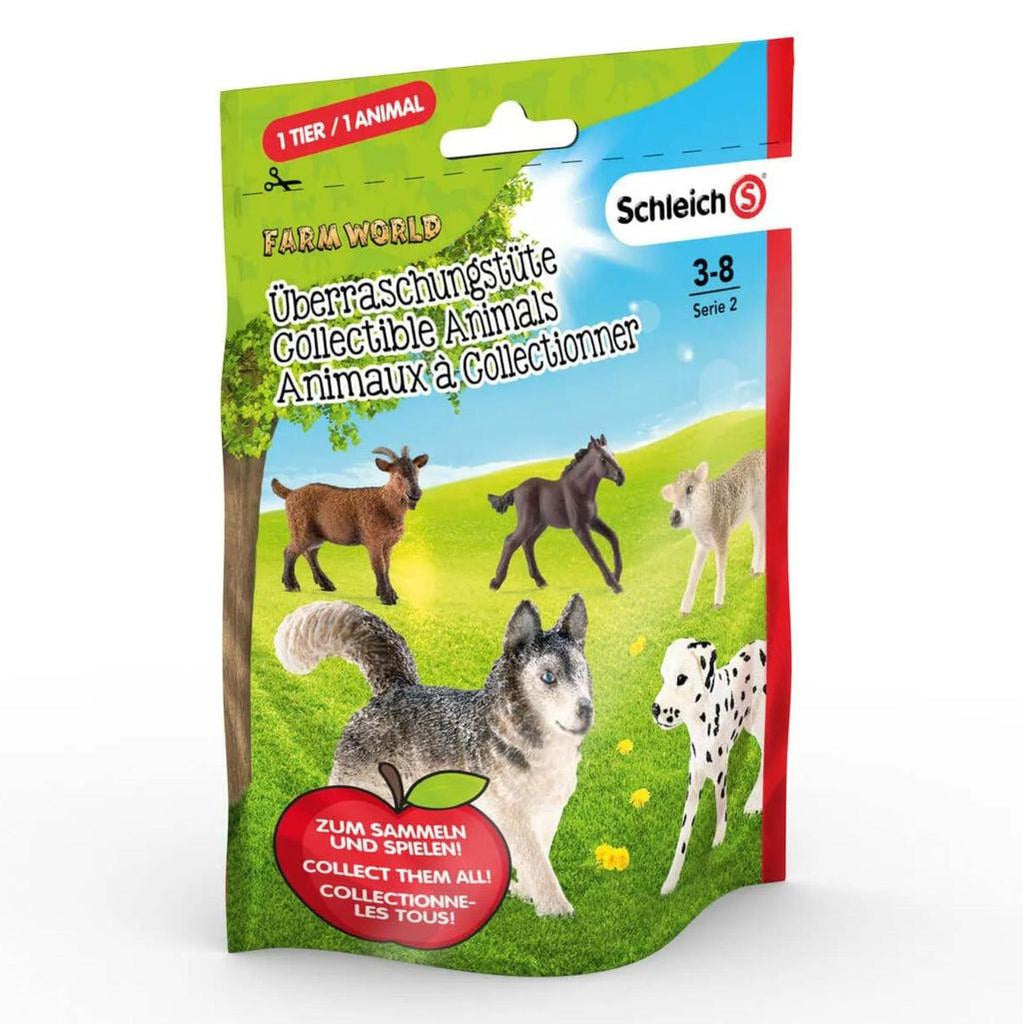 Image of the packaging for the Series 2 Farm World Assorted Animals blind bag. On the front are a couple examples of what animals you could get like a wolf, a dog, a goat, and more!
