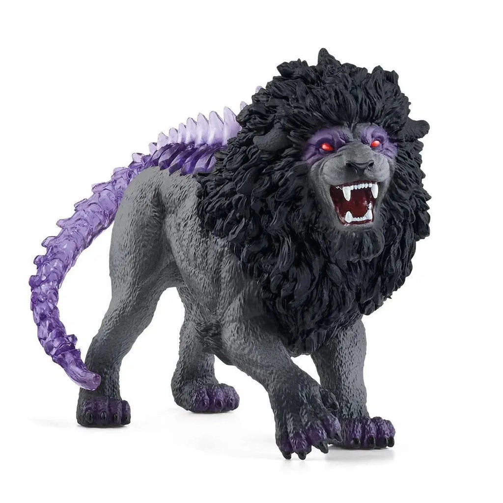 Image of the Shadow Lion figurine. It is a grey and black lion with purple undertones. There are purple crystals coming out of its back and turning into a tail.