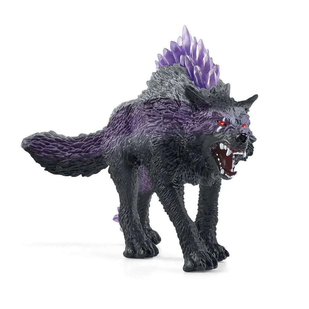 Image of the Shadow Wolf figurine. It is a black wolf with purple undertones and purple crystals coming out of its back.