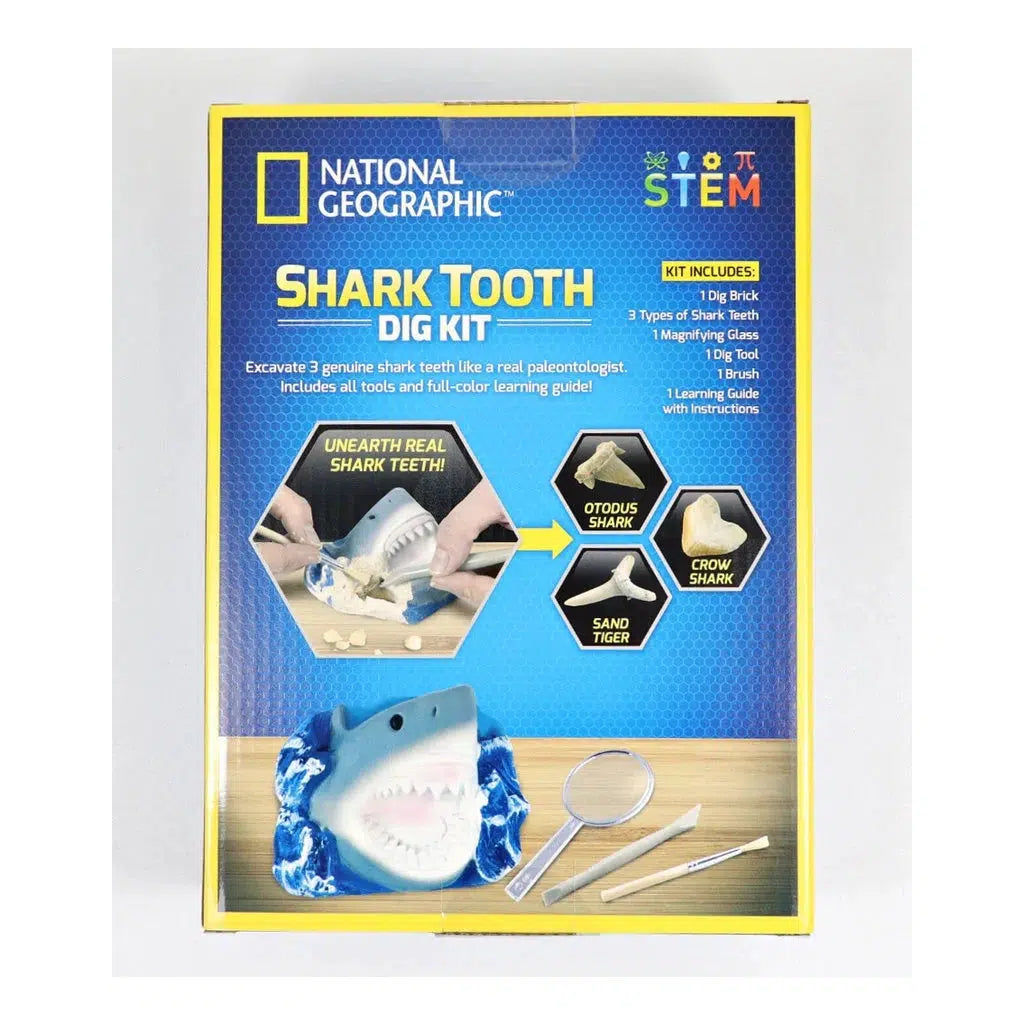 this is the back of the shark tooth kit box, the kit includes, a dig brick, 3 types of shark teeth, a magnifying glass, a dig tool, a brish and a learning guide with instructions. can you identify the teeth dug up?