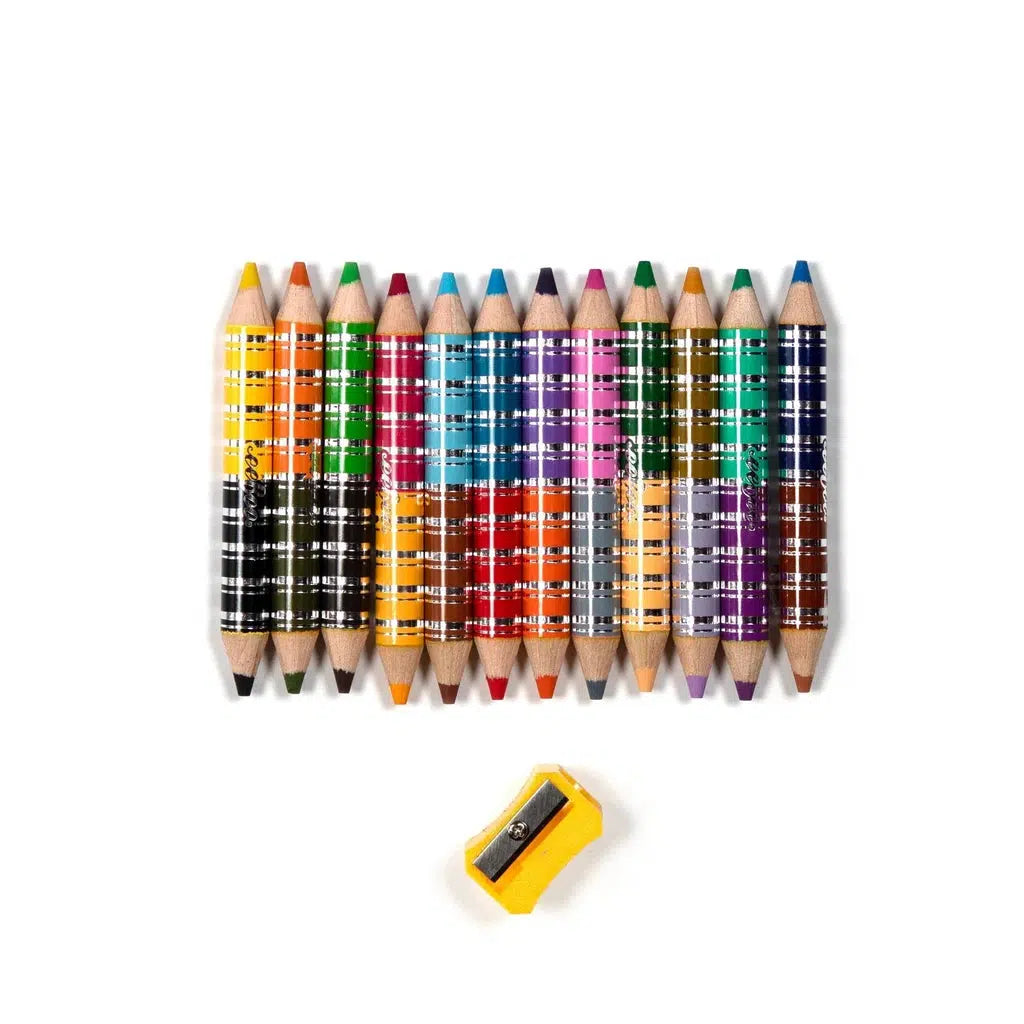 this image shows that the 12 colored pencils have two ends to them for a total of 24 colors to use