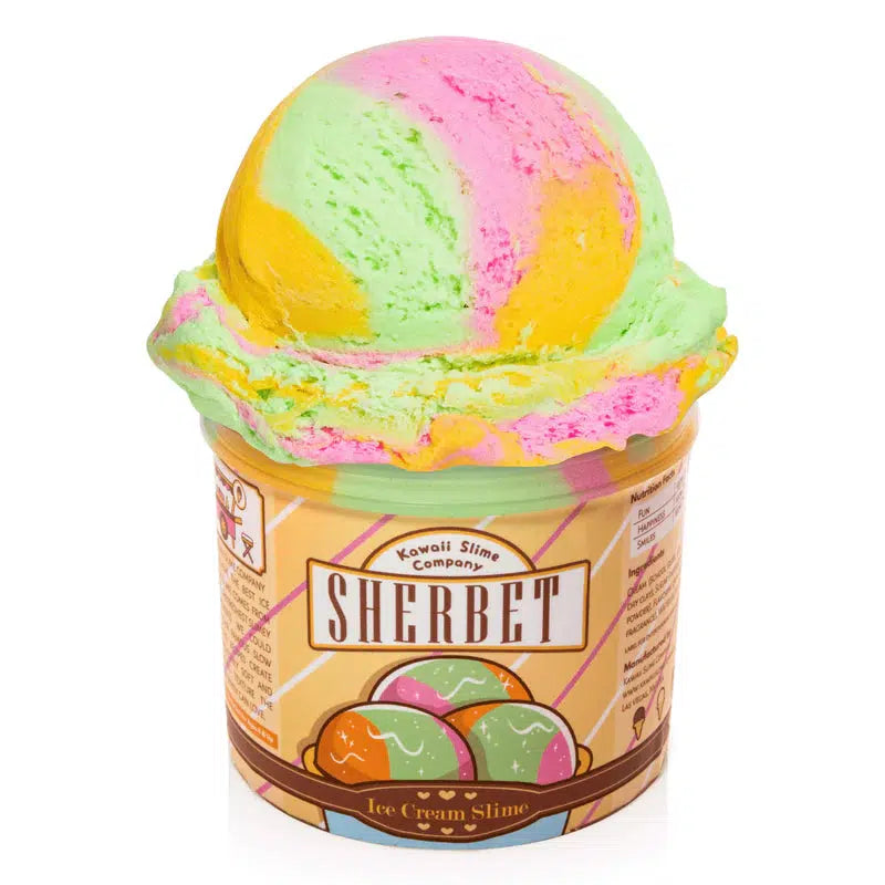 Image of the open slime. It is a tri-colored slime made from green, orange, and pink ice cream textured slime so realistic that you can actually scoop it with an ice cream scoop.