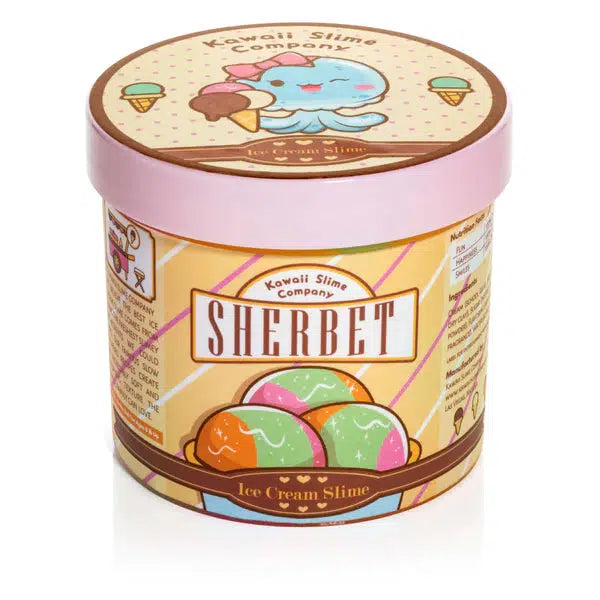 Image of the packaging for the Sherbet Scented Ice Cream Pint Slime. It comes in a realistic looking ice cream container that you might get it confused with the real thing!