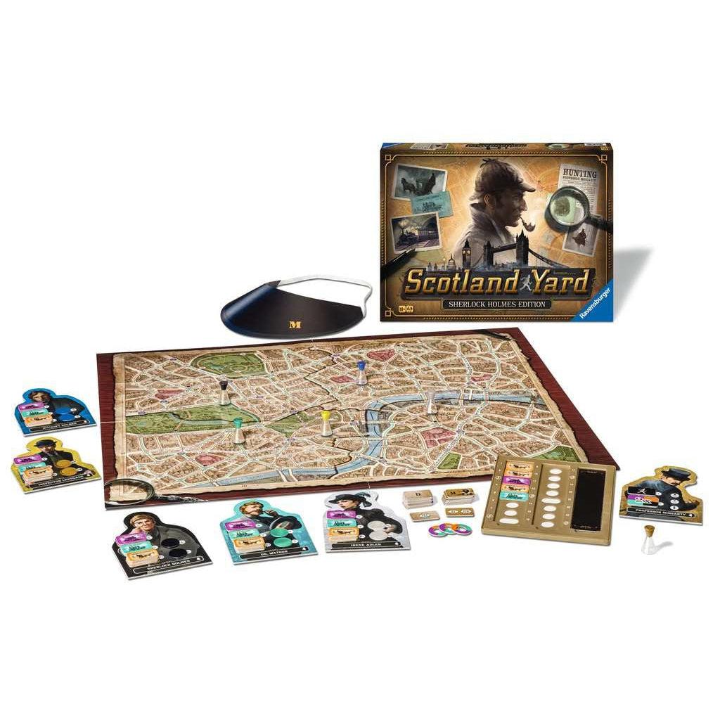 this image shows player pieces, the board, and everything else needed to play scotland yard