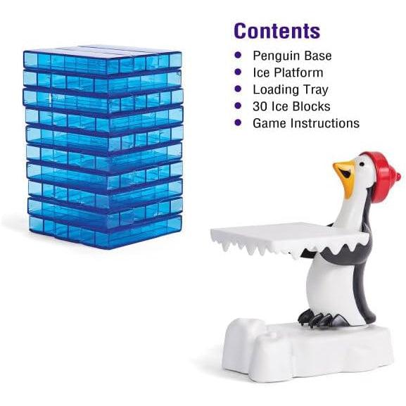 Image shows the contents of the box, the Penguin base, Ice platform, loading tray, 30 ice blocks, and game instructions. 