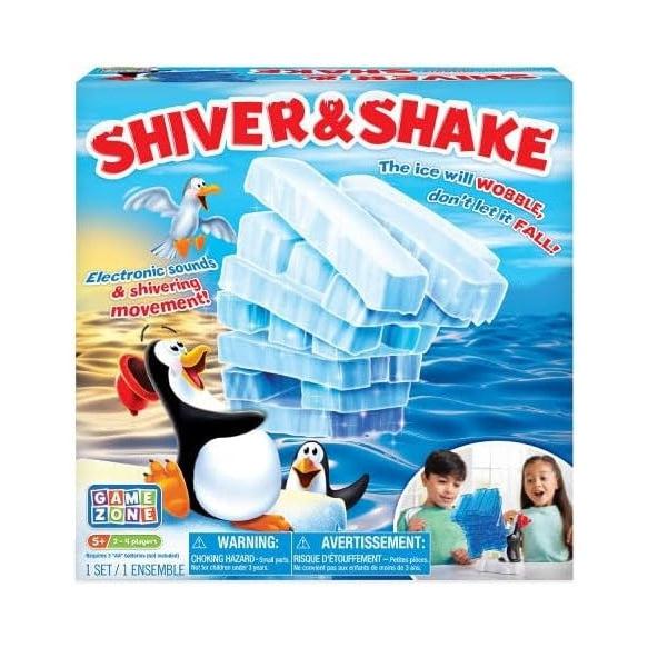 Box cover of the game Shiver and Shake. Ice will wobble don't let it fall! Electric soounds and shivering movement. A penguin is wobbling with a large stack of ice about to collapse. 
