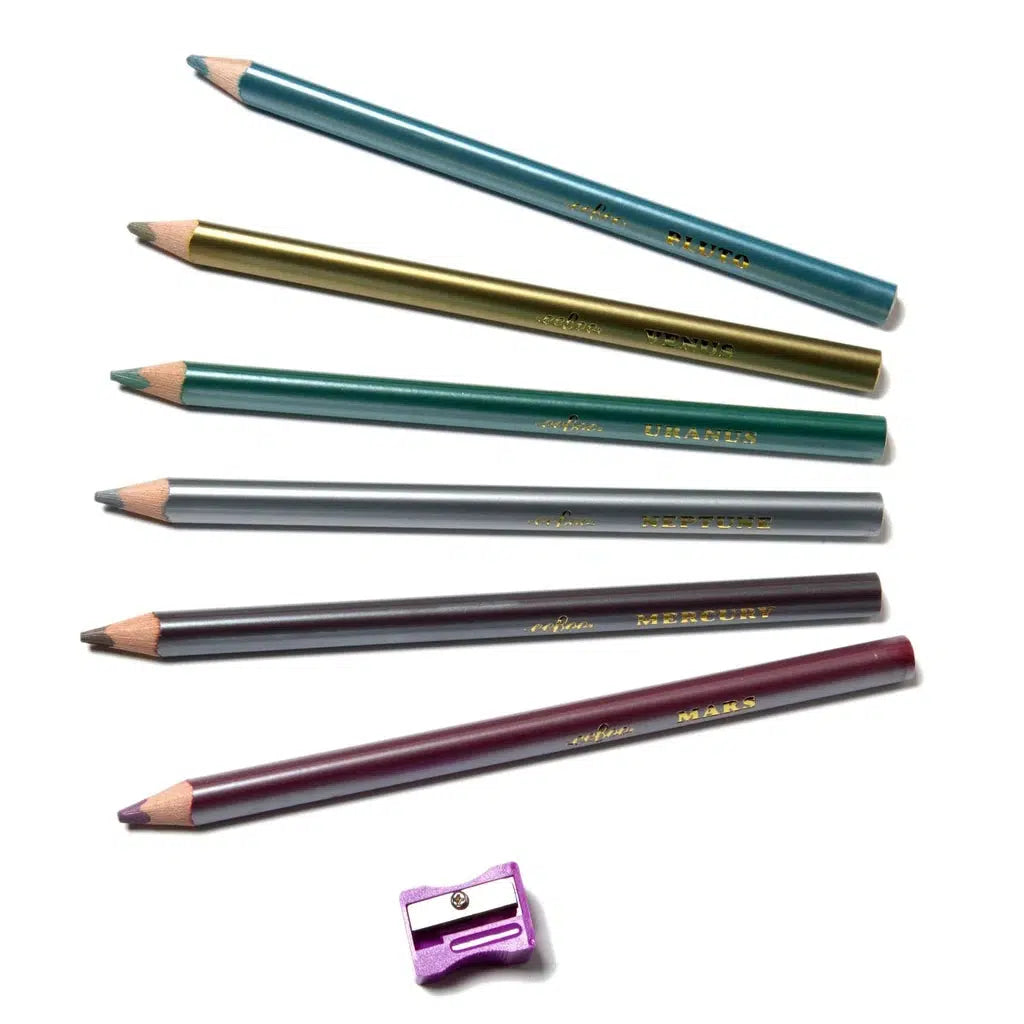 image shws all 6 colors that are named after planets, and a pencil sharpener for each one. 
