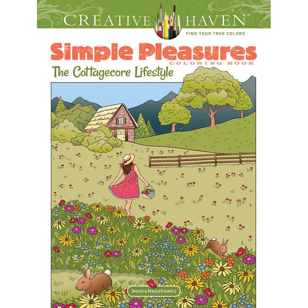 Image of the cover for the Simple Pleasures The Cottagecore Lifestyle coloring book. On the front is a colored in picture of a girl collecting flowers in a meadow near her house.