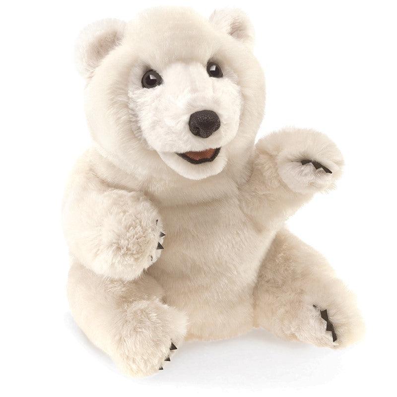 Polar bear puppet | Plush white fur covers whole body and face. | Eyes are green and black, nose is leathery, and mouth has pink interior. | Each limb has very tiny black fabric claws.