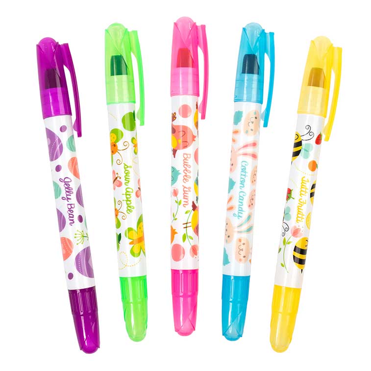 Image of the five crayons outside of the packaging. The colors they come in include purple, green, pink, blue, and yellow. Each body of the pen has pictures that are spring themed.