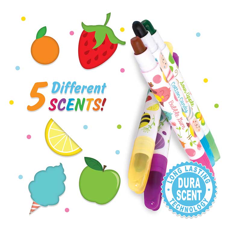 Shows that the pack comes with five different scents: orange, strawberry, lemon, cotton candy, and green apple.