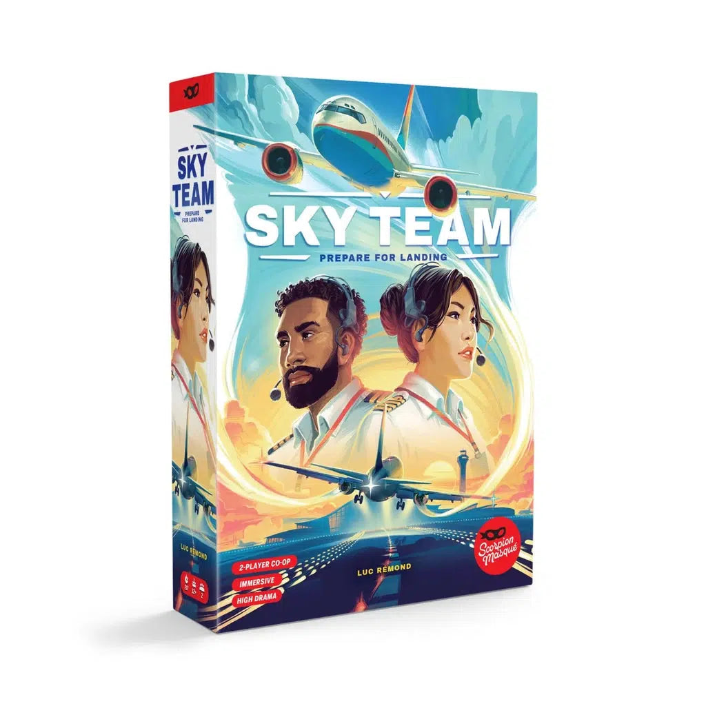 picture of the box SkyTeam. a pilot and copilot are back to back in the image as an airplane takes off.