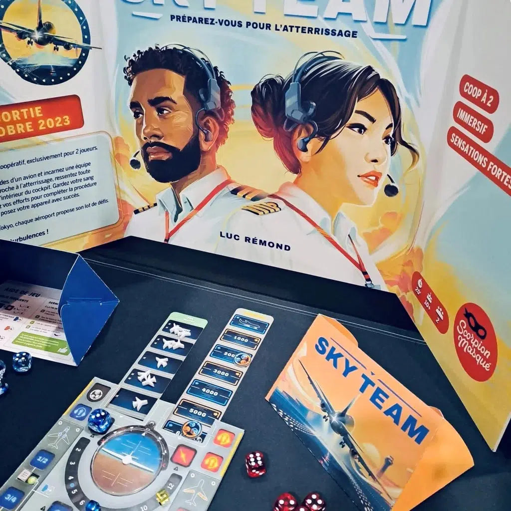 a picture of sky team being played, two players are rolling different colored dice to play