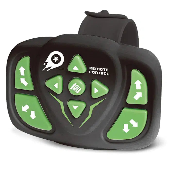 Image of the wrist mounted RC remote control. It is black with green buttons. The buttons control the car to move it in different directions.
