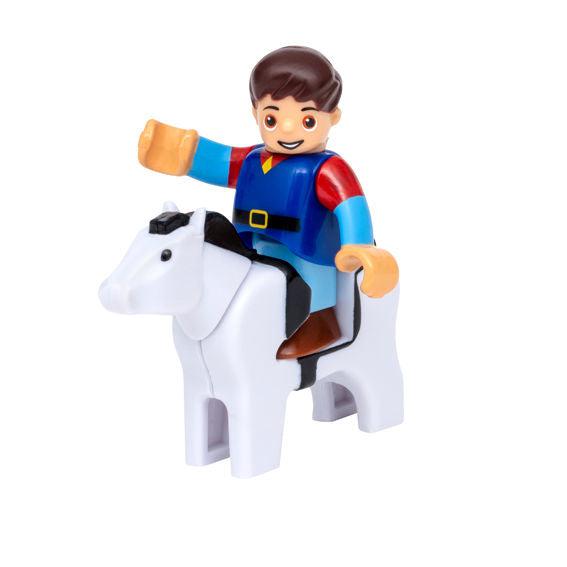 Close up of Phillip on the horse. He is wearing a princely outfit with brown hair, shoes, and eyes.