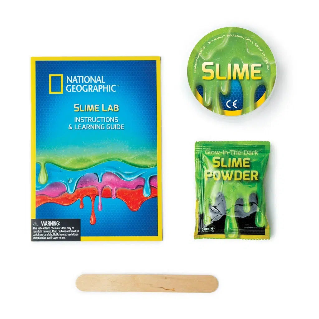 inside the box is a national geographic slime lab learning guide, slime, slive poweder, and a stick for stirring the slime around