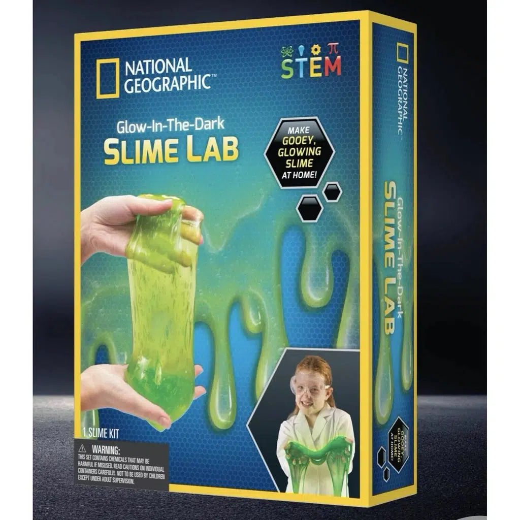 National geographic glow-in-the-dark slime lab. this picture shows the box with a girl in a lab coad and goggles holding a handful of slime with a sign saying :make gooey, glowing slime at home!"