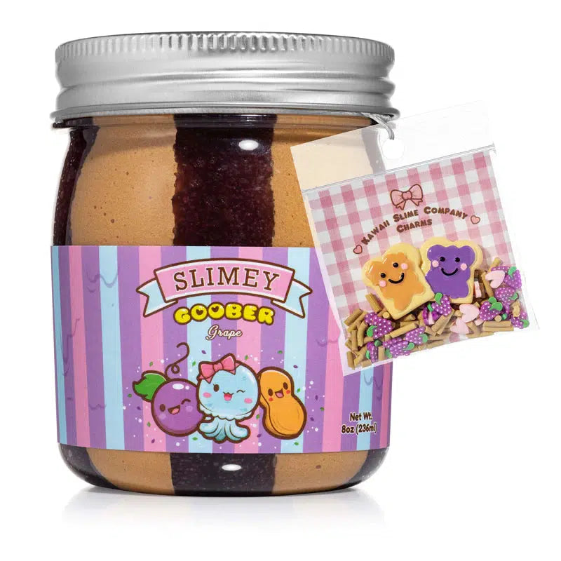 Image of the packaging for the Slimey Goober Grape Cloud Creme Slime. It comes in a tiny mason jar so it looks like the real product.