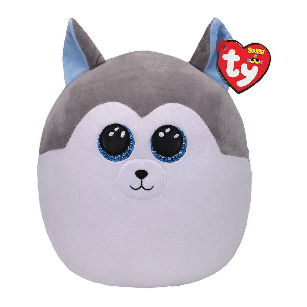 Image of the Slush the Wolf Squish-A-Boo plush. It is a half grey and half white wolf with blue ears. He has glittery blue eyes.