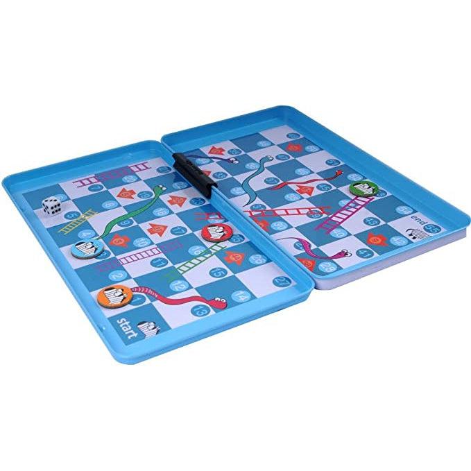 Image of the inside of the game board. It has a white and blue checkerboard background with lots of different colored snakes and ladders on top. It comes with four game pieces and die.