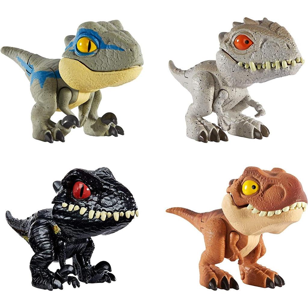 Image of the Snap Squad Jurassic World Assorted figurines. You could recieve Blue the raptor, a grey raptor with red eyes, a black raptor with red eyes, and a small t-rex dinosaur.