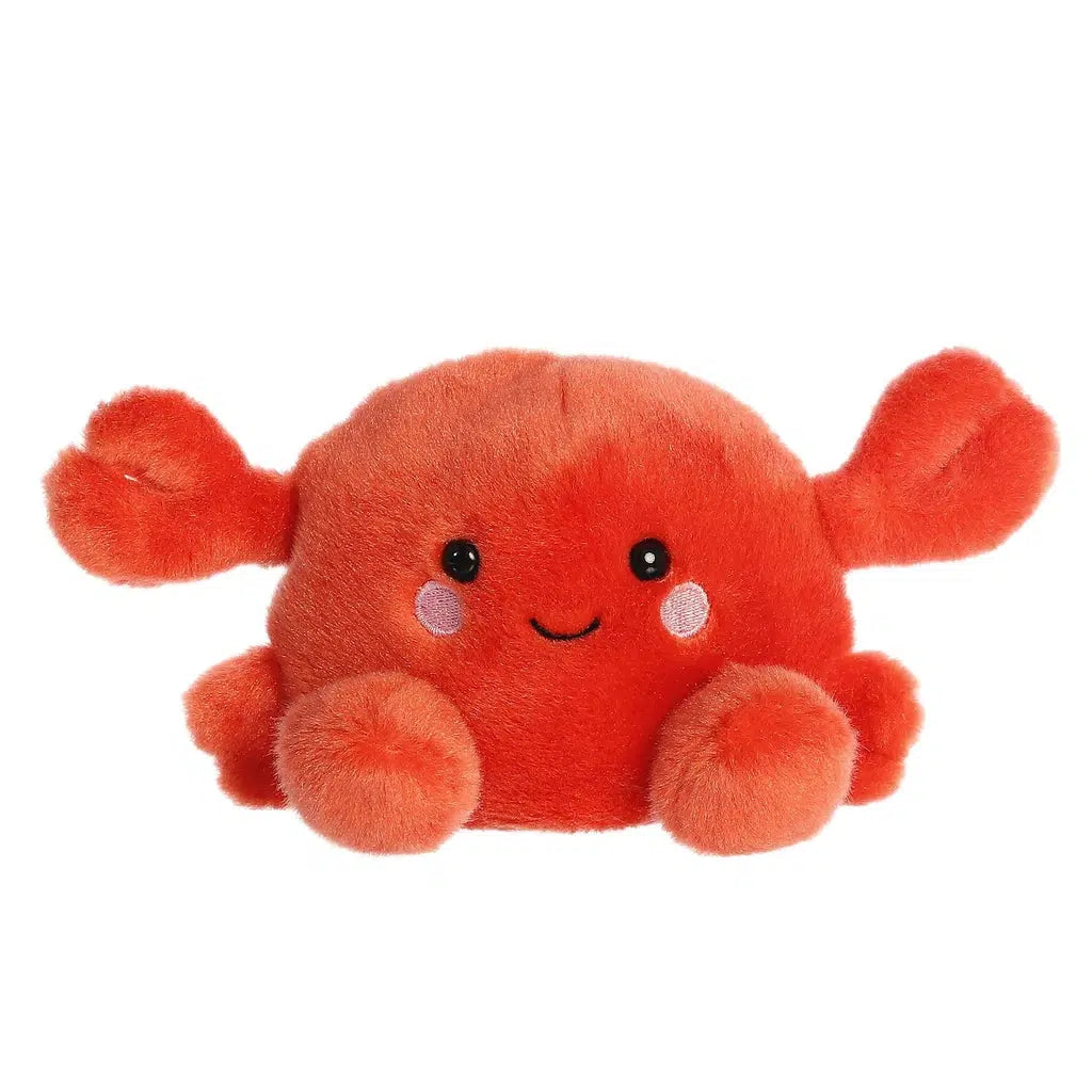 Image of the Snippy Crab plush. It is a red crab with a smile and blusies. He is sitting down with both of his arms out and fuzzy claws open.