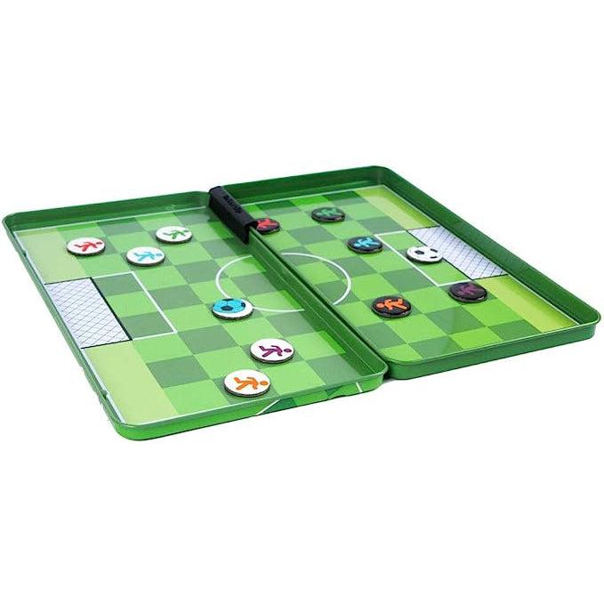 Image of the inside of the game tin. There are two teams, each with 5 players and a soccer ball. The field is checkerboarded with dark and light green squares.