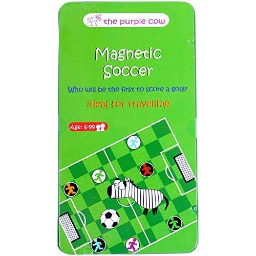 Image of the tin for the Soccer TO GO game. On the front is a picture of the game board with a confused looking cartoon zebra standing in the middle.