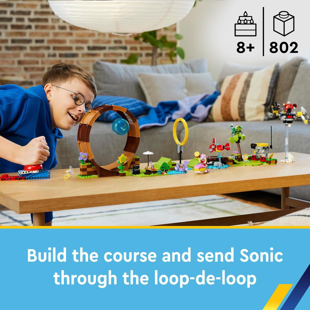 for ages 8+ with 802 LEGO pieces. Build the course and send Sonic through the loop-de-loop