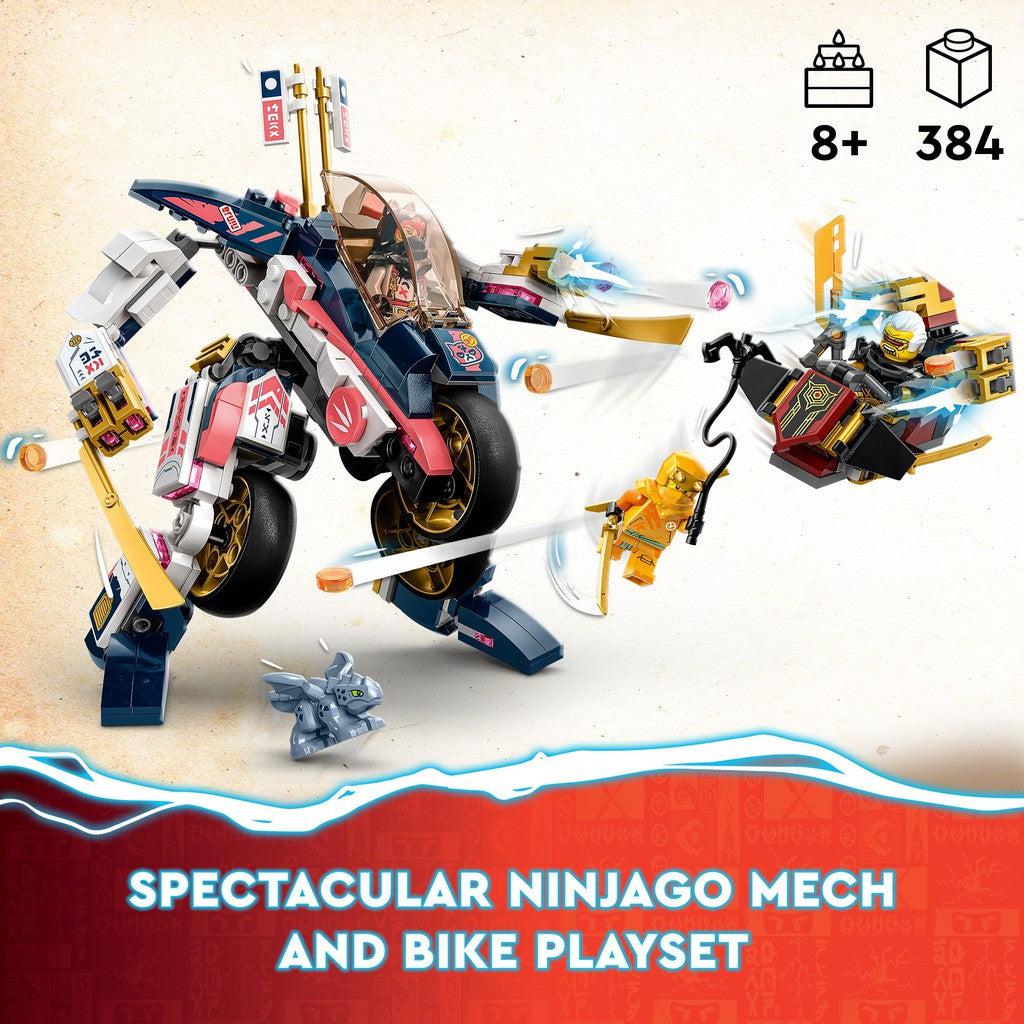 for ages 8+ with 384 LEGO pieces. Spectacular ninjago mech and bike playset