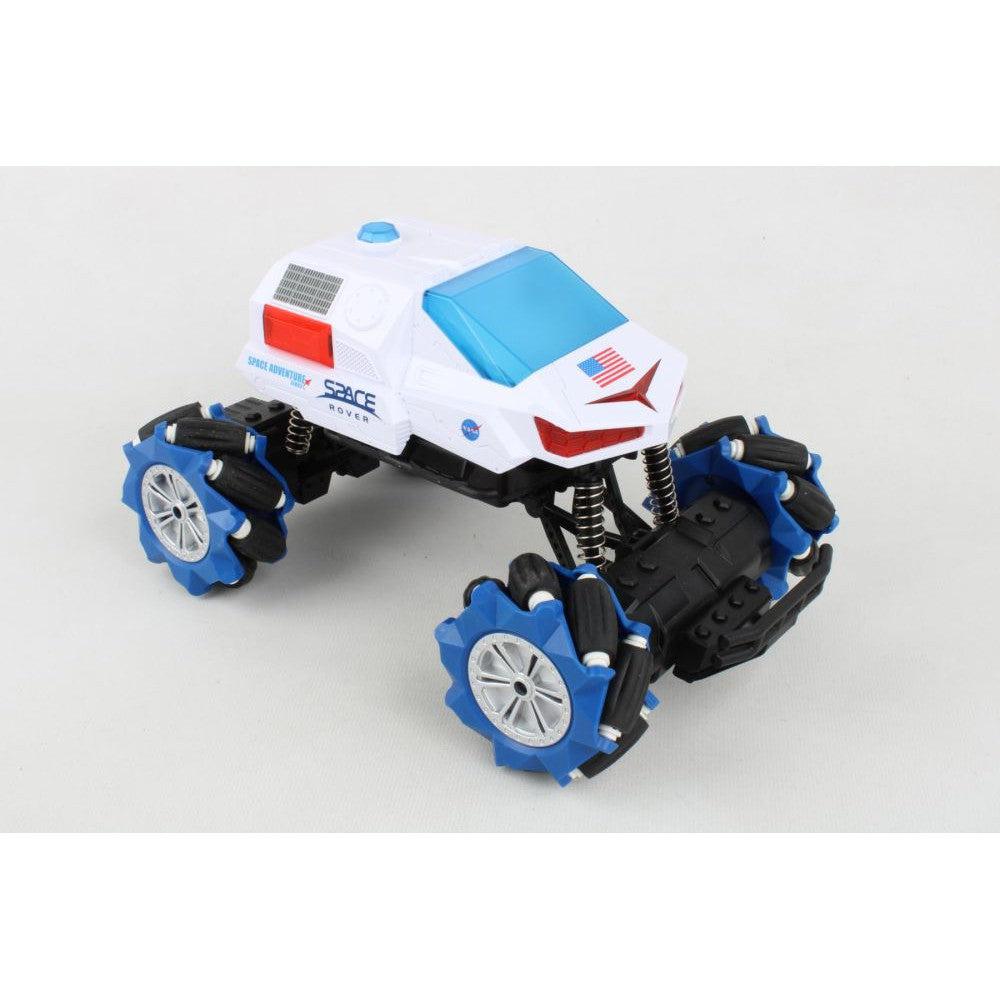 this image hsows the rover alone, the rover has springs to absorb shock and bulky wheels to explore mars! just kidding, this toy car is the explorer of the home!