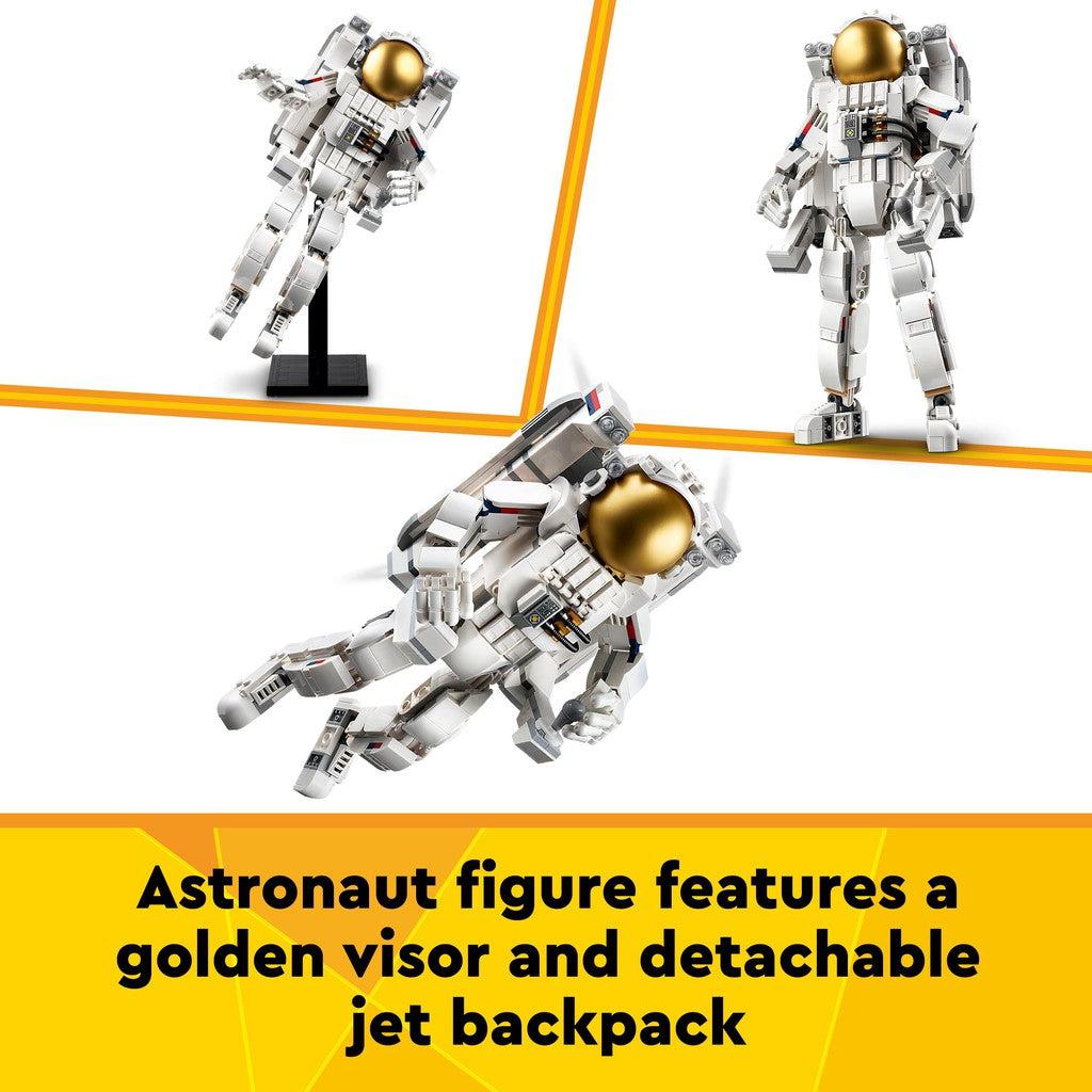 astronaut figure features a golden visor and detachable jat backpack.