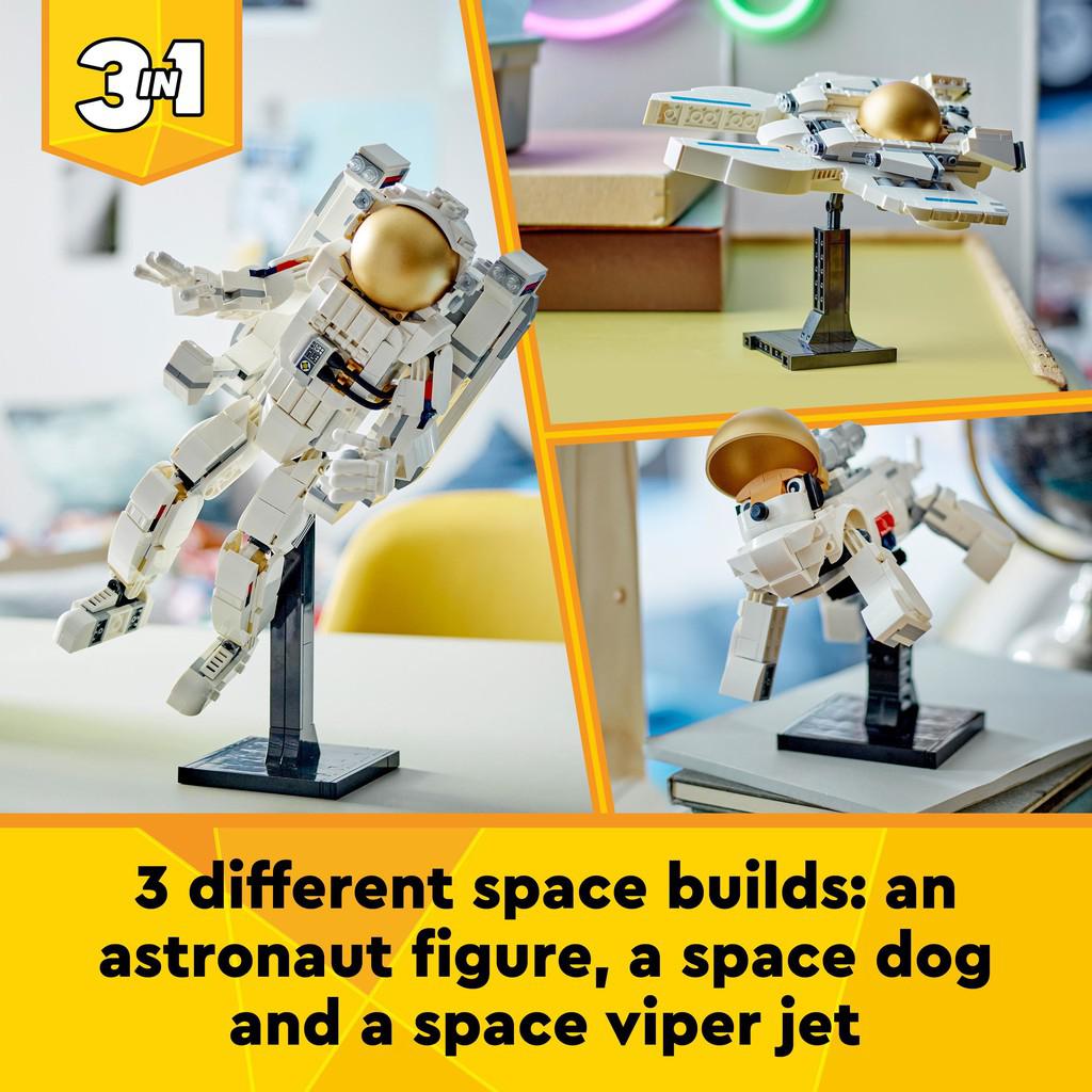 3 different space builds: an astronaut figure, a space dog, and a space viper jet