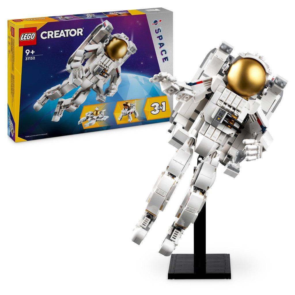 Box for the LEGO Creator Space Astronaut. There is a astronaut with a gold mast on a stand. 