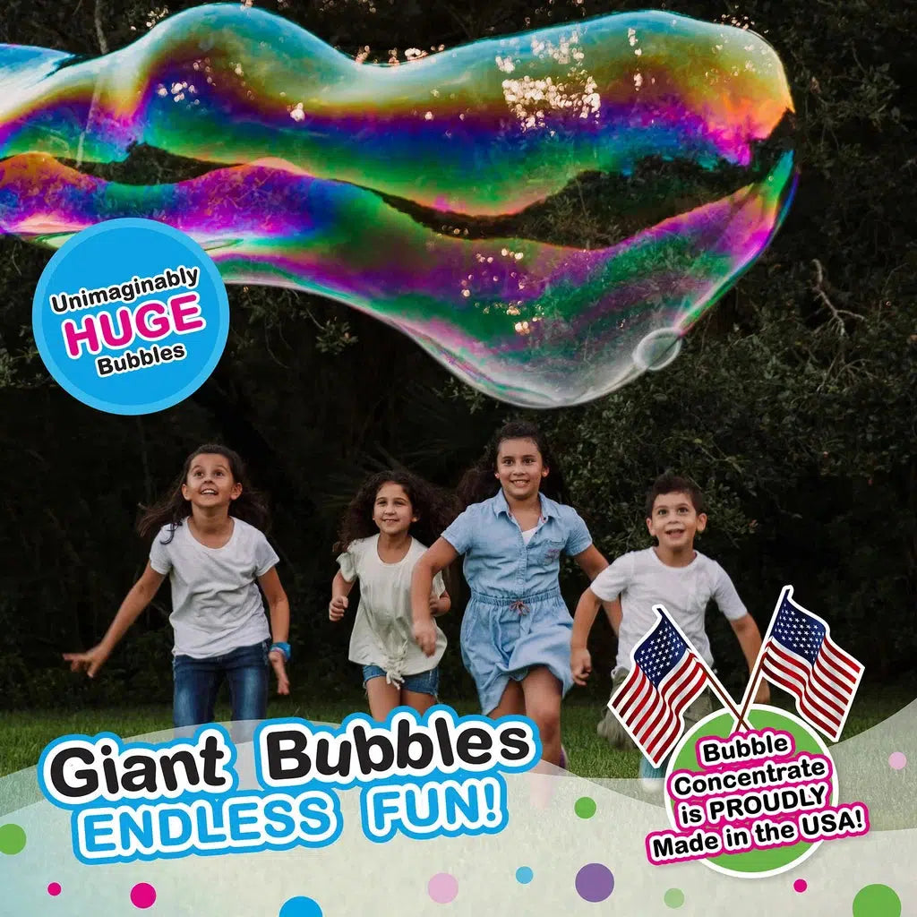 Children running and smiling in a park with gigantic bubbles floating above them, with promotional text highlighting the size of the bubbles and made in the USA