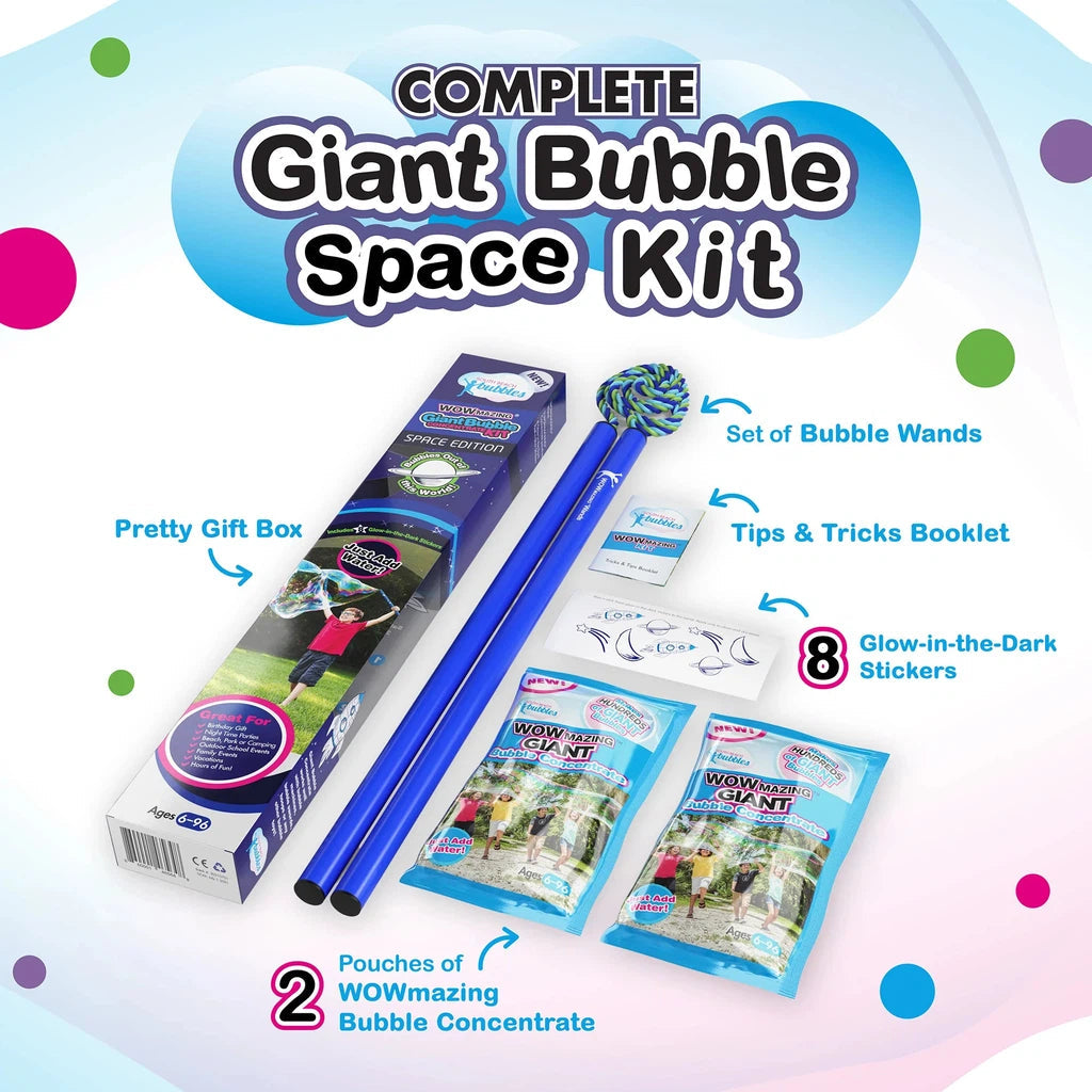 Complete giant bubble space kit, perfect for any outdoor event, with bubble wands, glow-in-the-dark stickers, a tips booklet, bubble concentrate to create gigantic bubbles and a pretty gift box.