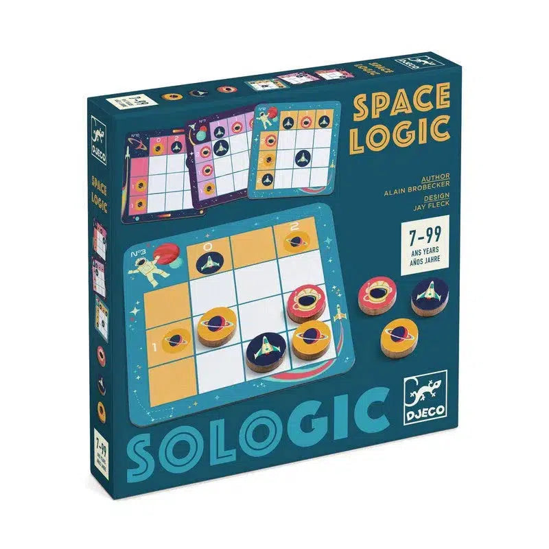 Box of a board game titled "Space Logic" by Djeco, featuring colorful space-themed pieces and puzzles with a recommended age range of 7-99.