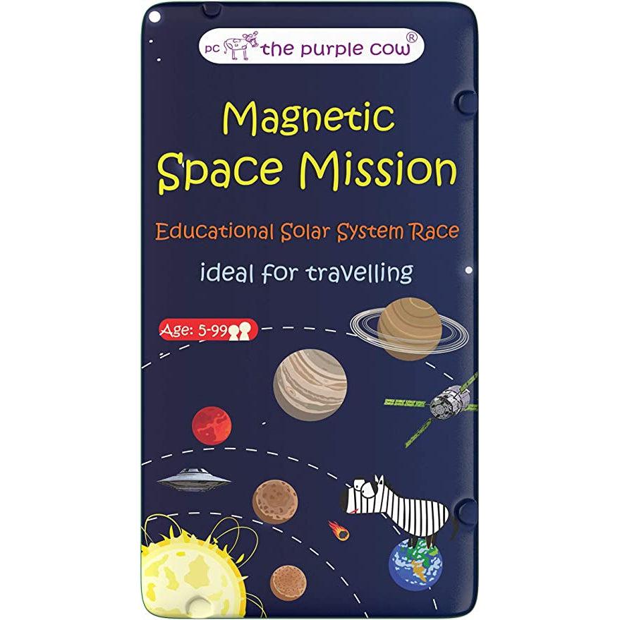 Image of the tin for the Space Mission TO GO game. On the front is a cartoon diagram of our solar system with a large cartoon zebra standing on Earth.