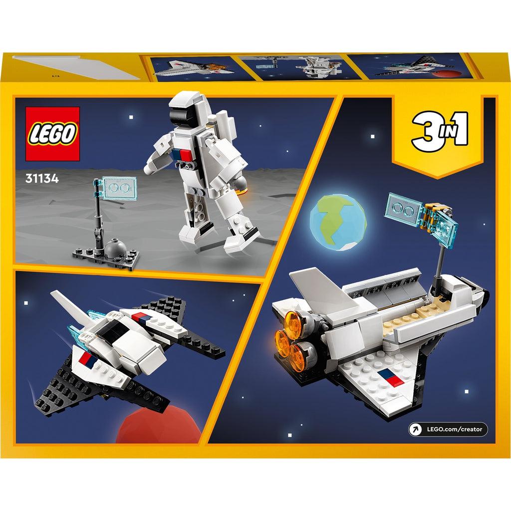 Image of the back of the box. It has an image for each of the three different space themed builds possible with this set.