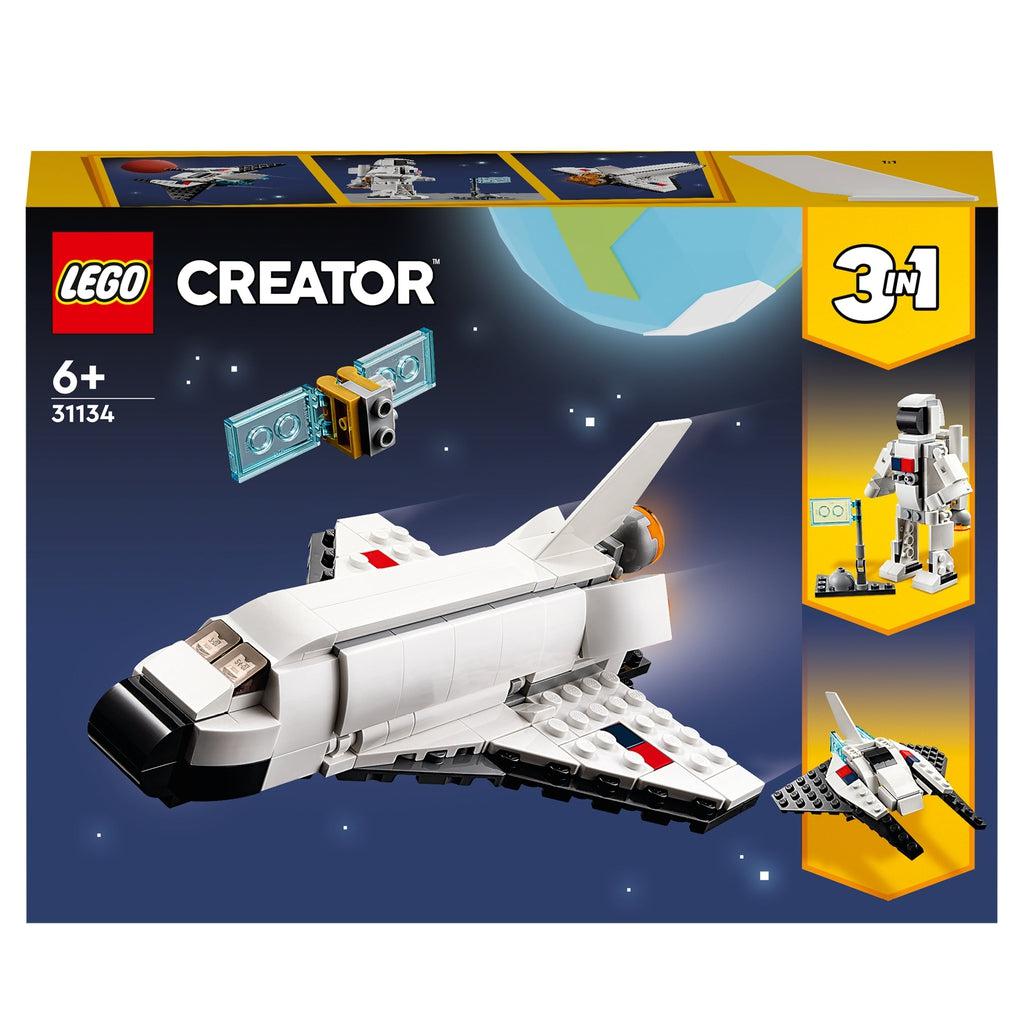 Image of the front of the box for the 3n1 Space Shuttle LEGO set. On the front is a picture of each of the three different space themed LEGO builds you can create with this set.