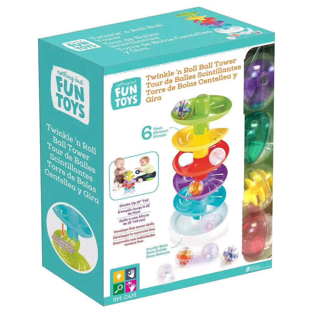 this image shows the box the ball tower comes in, there are several balls, and loads of fun for a toddler