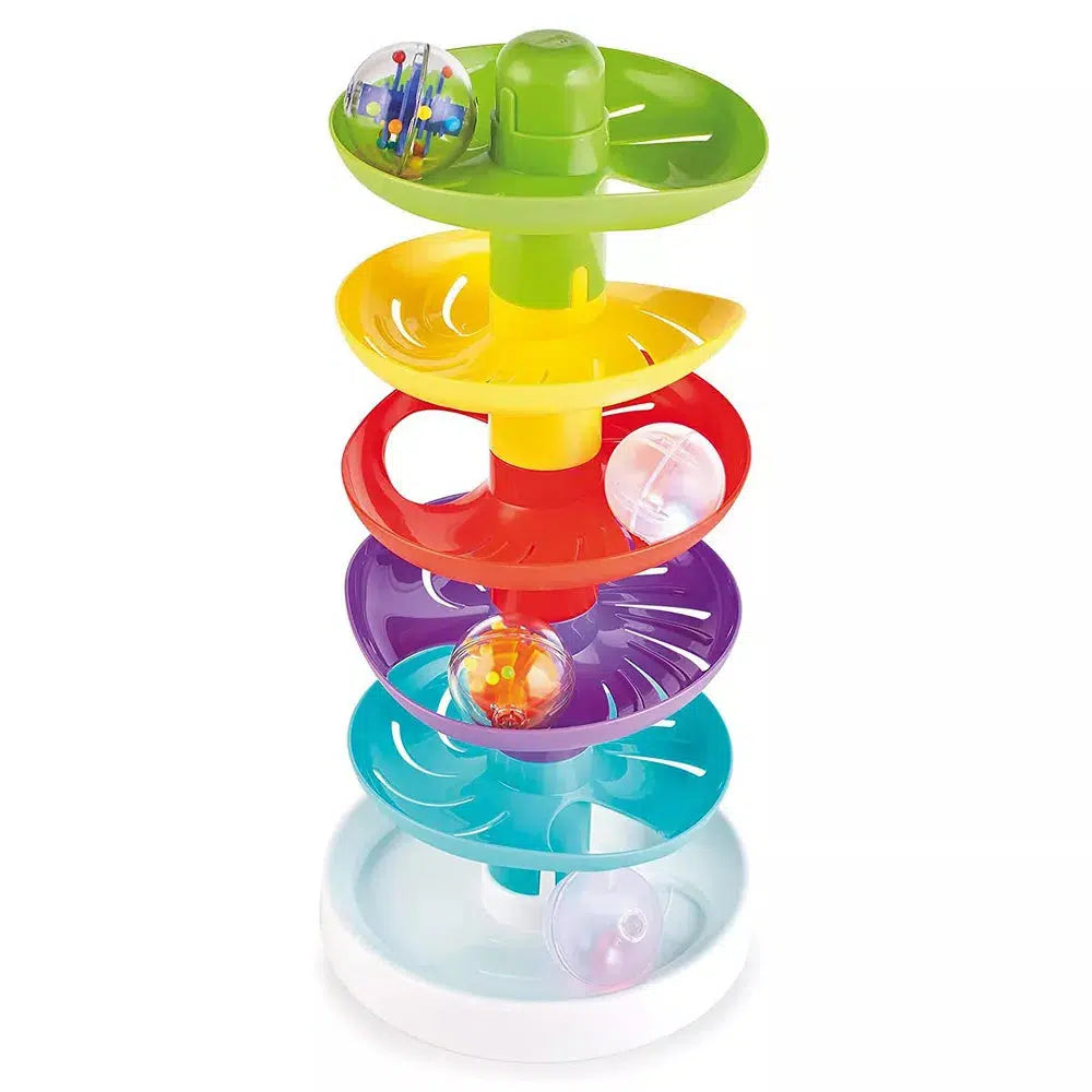 this image showss the ball roller toy! put the ball at the top and watch it frop. each level is a new color going from green to yellow to red!