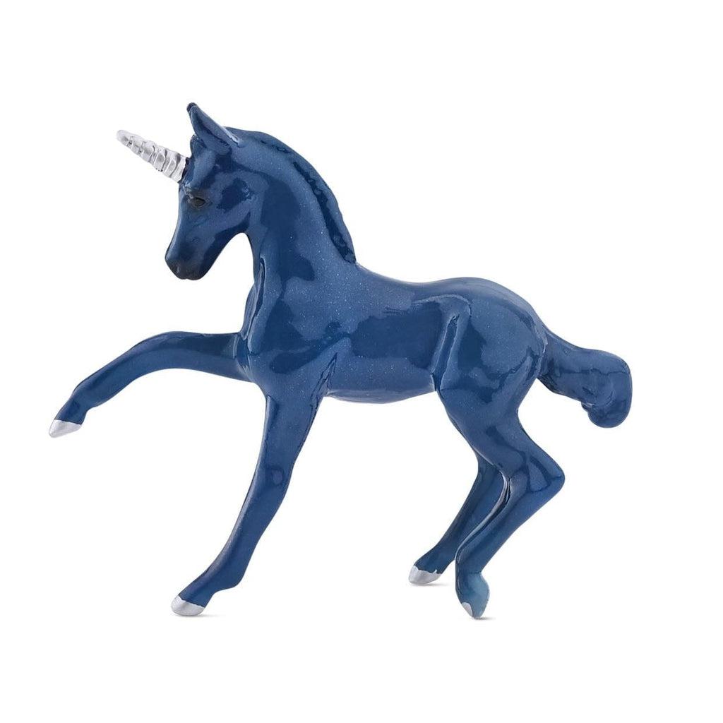 Image of the dark blue unicorn. It is a completely dark blue and shiny unicorn except for its silver horn and hooves.